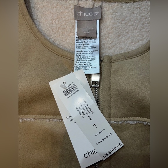 NWT Chico’s Womens Size 1 (size 8-10) faux shearling reversible tan Leather coat - Picture 5 of 7